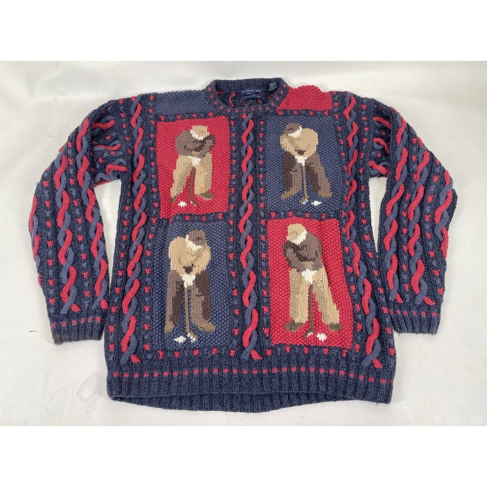 Northern Isles Hand Made Cable Knit Ramie Golf‎ Sweater Mens Size XL Blue Red
